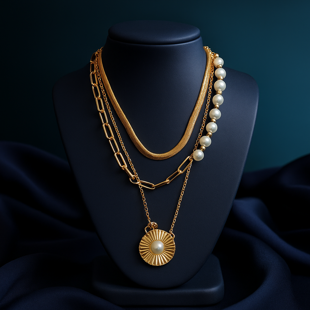 18K Gold Plated 3 Necklace Set beads and metals