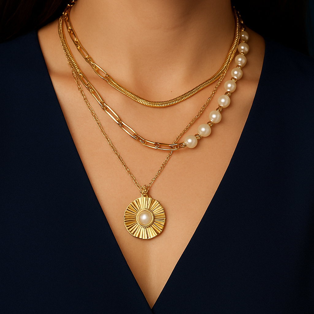 Gold necklace with a pearl pendant on a dark background