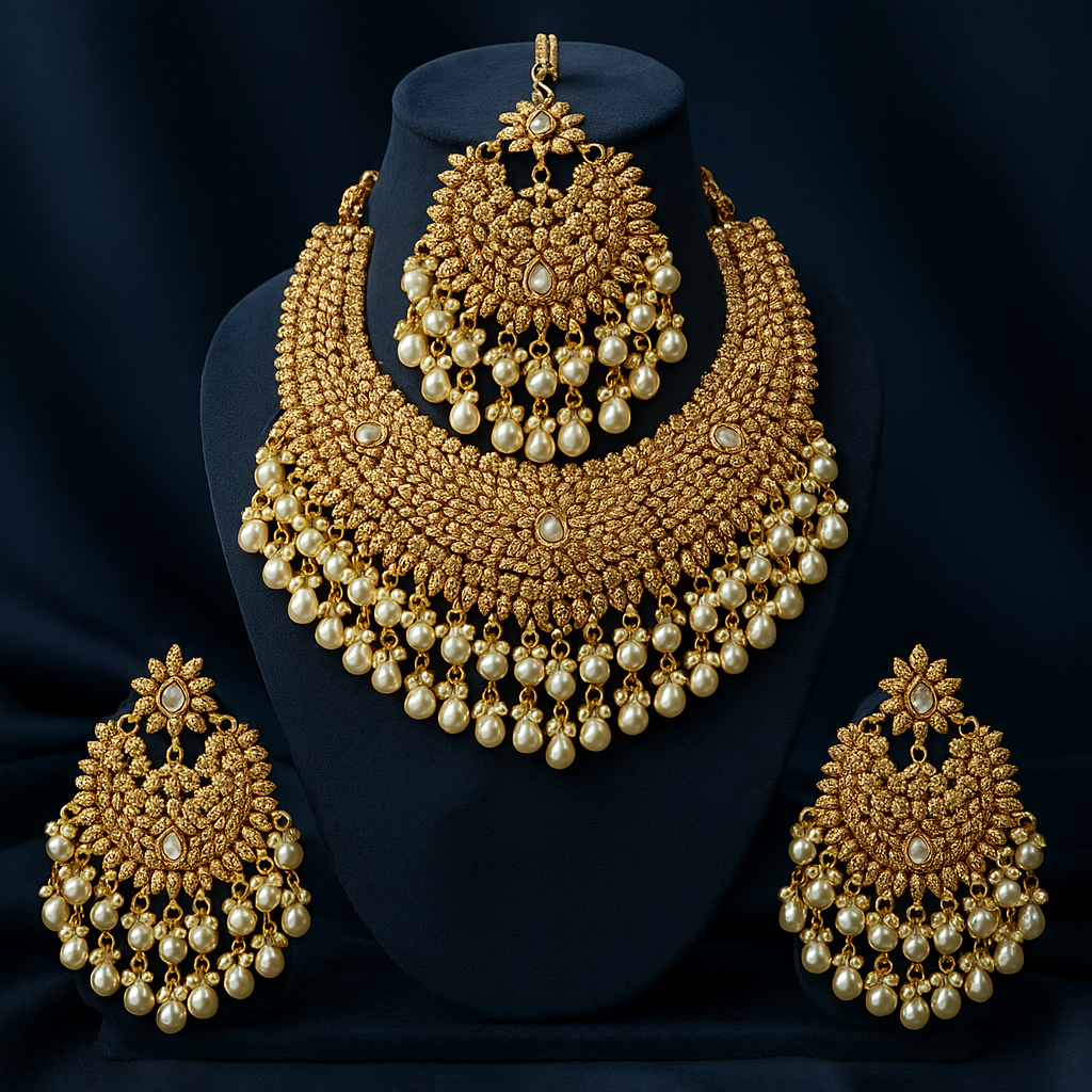 22K Gold Plated Kundan Choker Set - Gold Necklace and Earring Set