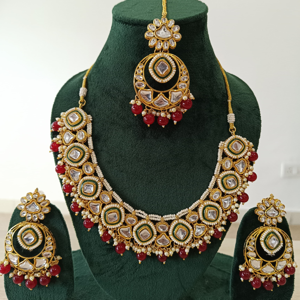 18K Gold Plated Rani Color Polki Kundan Necklace Set