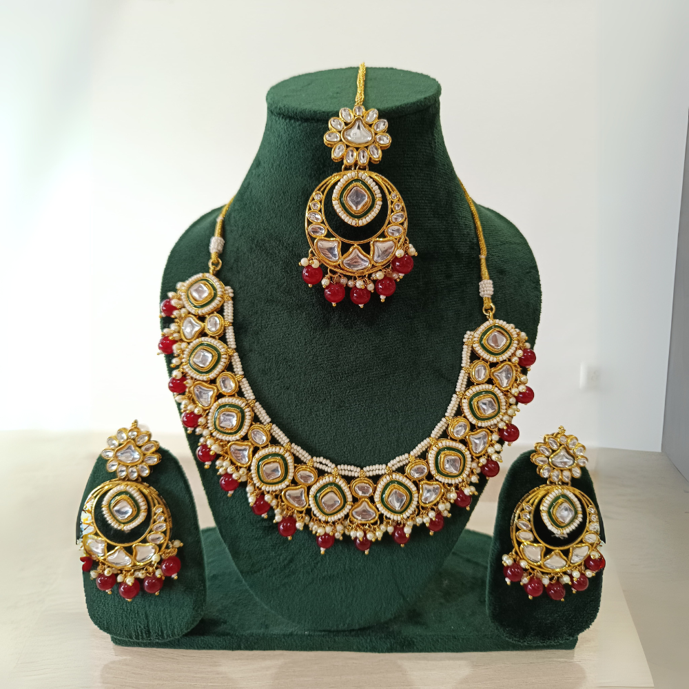 18K Gold Plated Rani Color Polki Kundan Necklace Set beads and metals