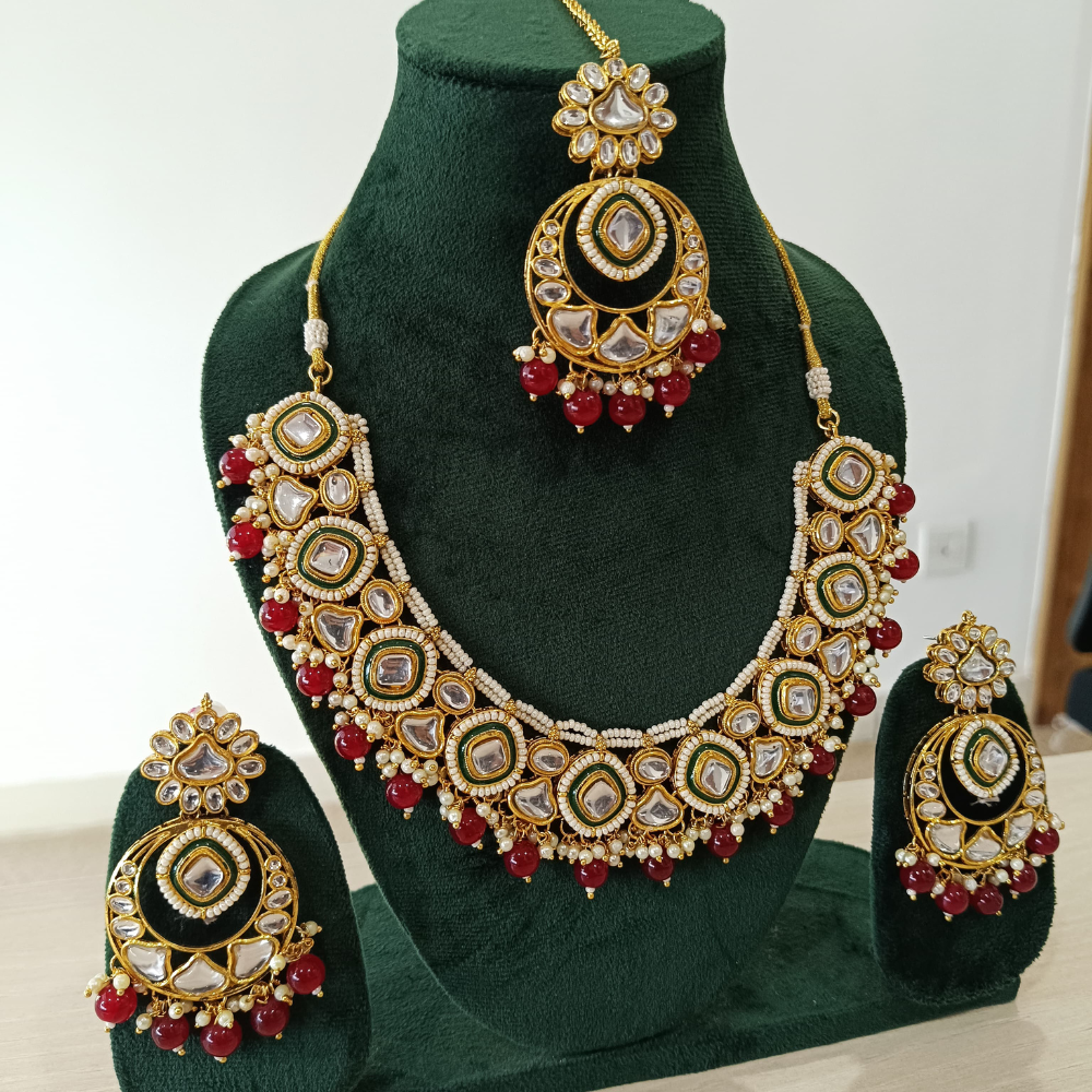 18K Gold Plated Rani Color Polki Kundan Necklace Set