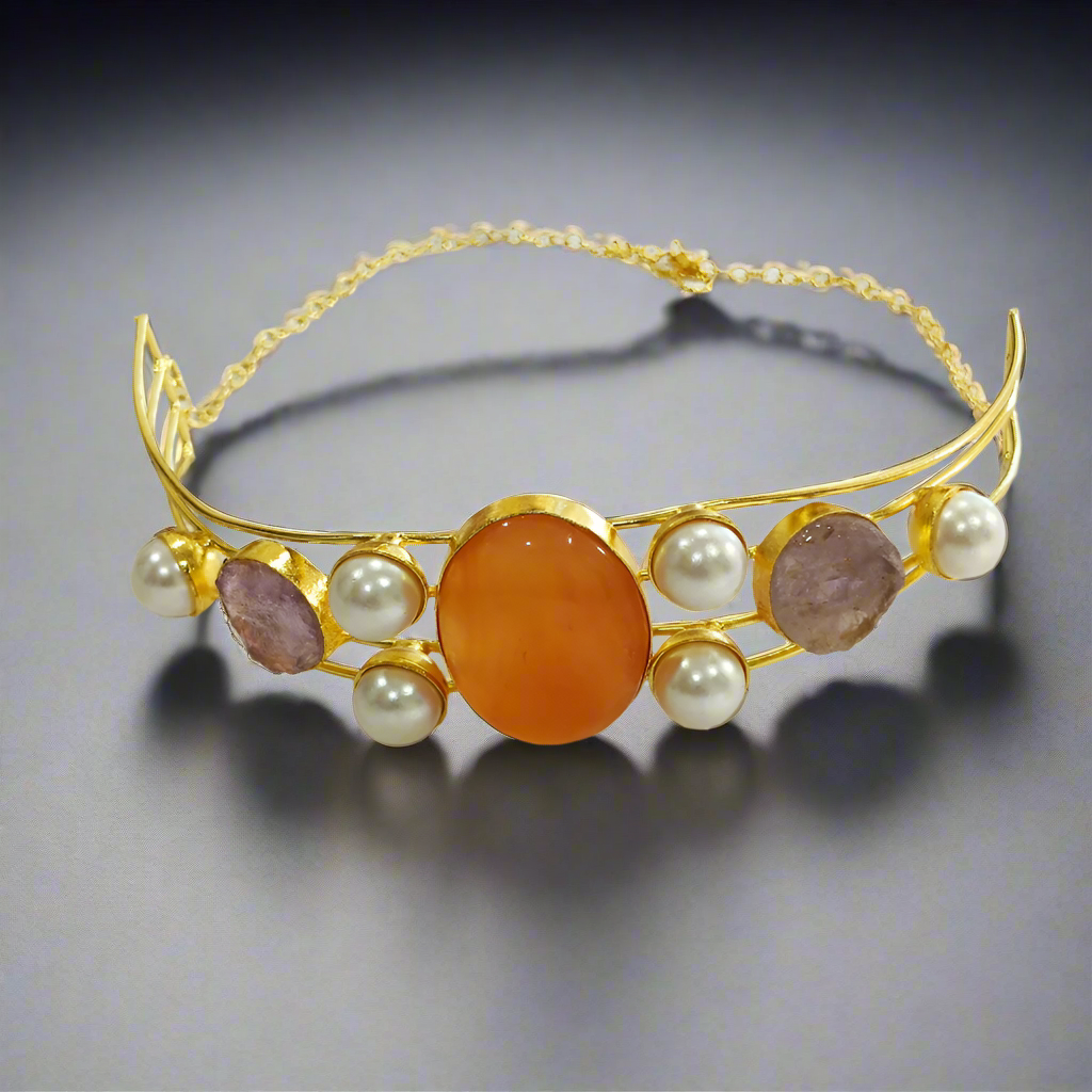 22K Gold Plated Natural Uncut Stone Neck Cuff | Neck Cuff for Women beads and metals