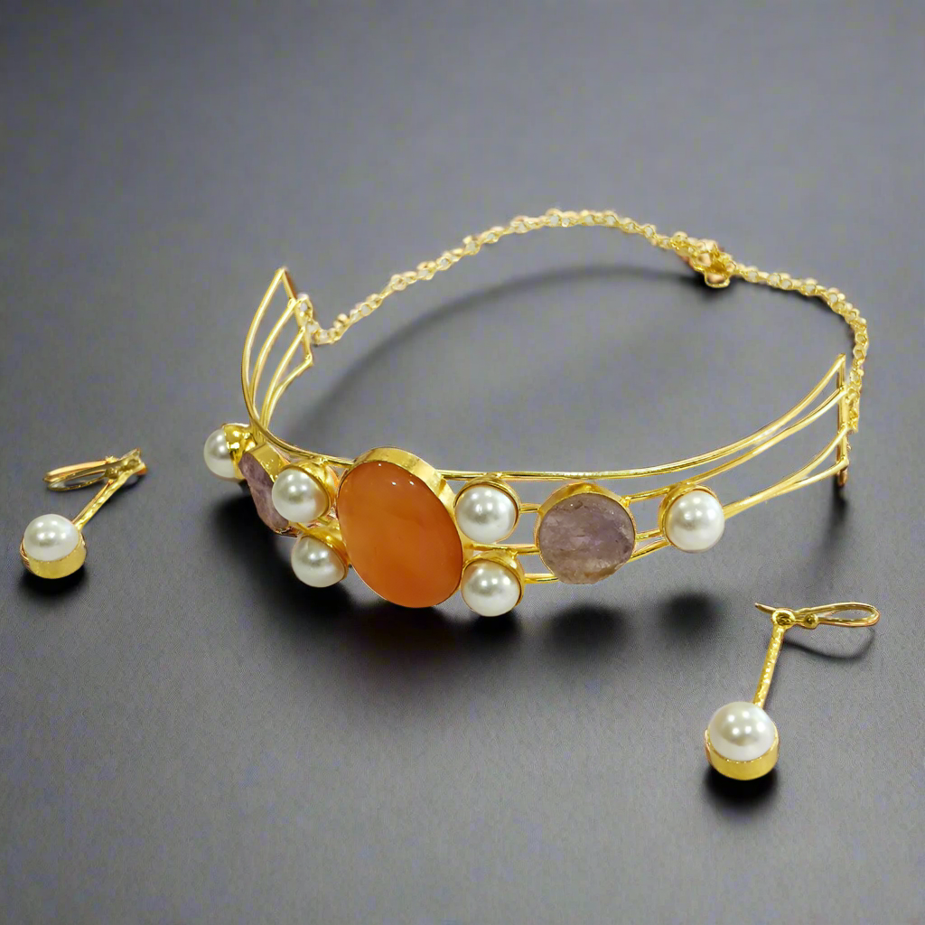 22K Gold Plated Natural Uncut Stone Neck Cuff | Neck Cuff for Women beads and metals