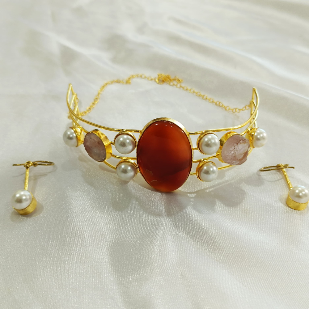 22K Gold Plated Natural Uncut Stone Neck Cuff | Neck Cuff for Women beads and metals