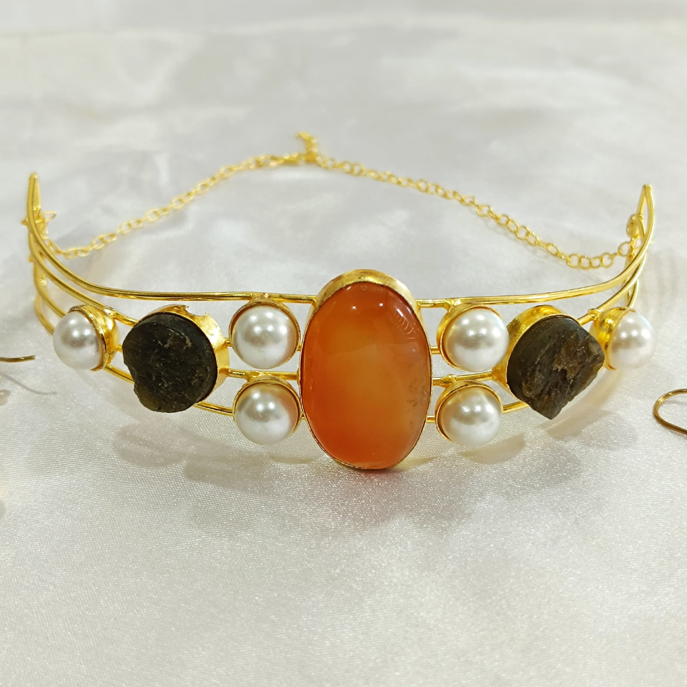 22K Gold Plated Natural Uncut Stone Neck Cuff | Neck Cuff for Women beads and metals