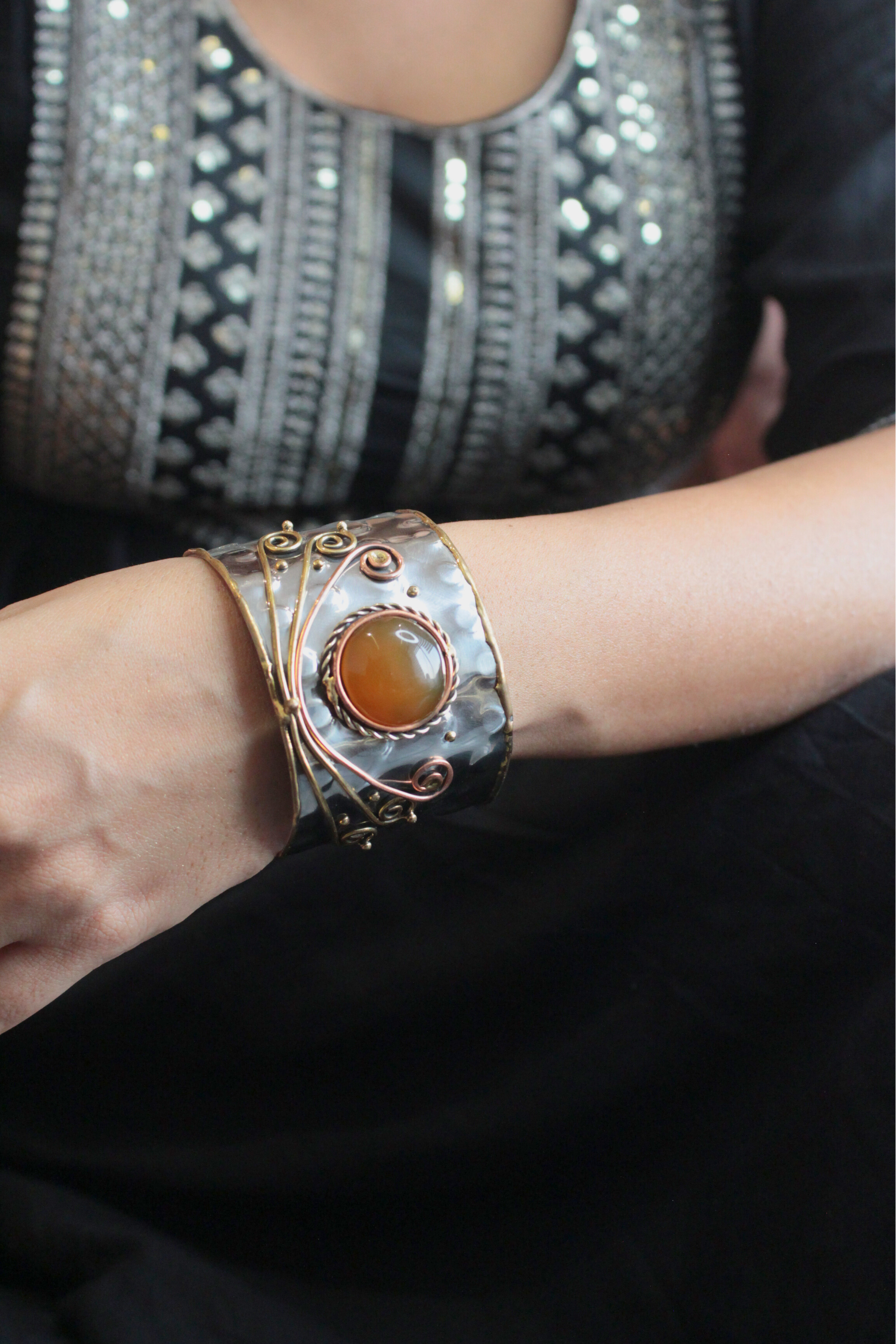 Adjustable Cuff Bracelet with Onyx Stone - Bracelets for Women