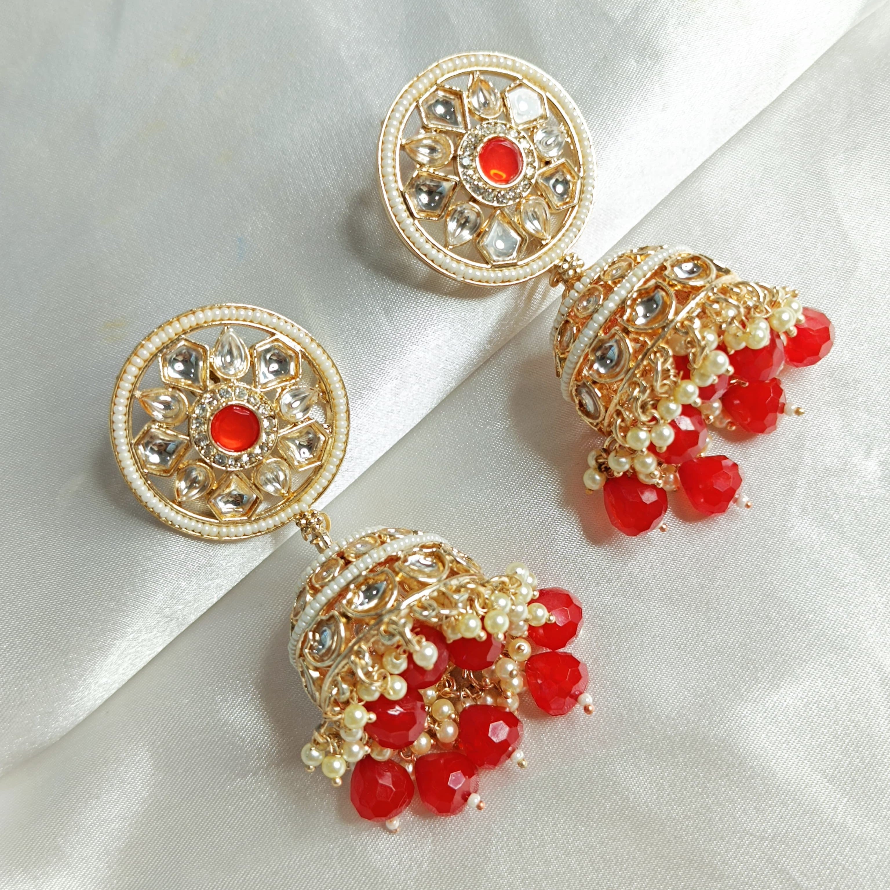 Beads and Metals Gold-Toned Kundan & Ruby Studded Jhumkas - Earrings for Women