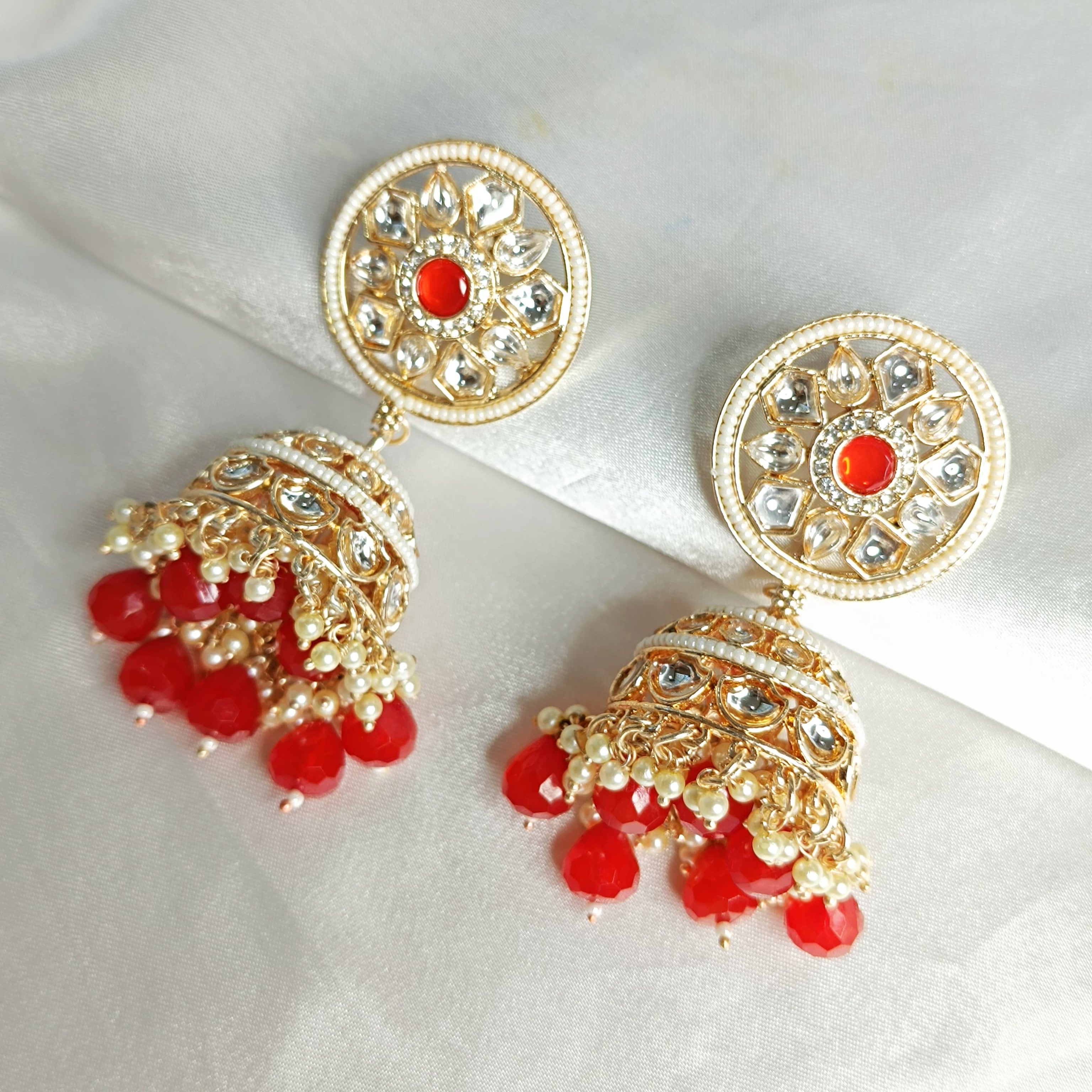 Beads and Metals Gold-Toned Kundan & Ruby Studded Jhumkas - Earrings for Women