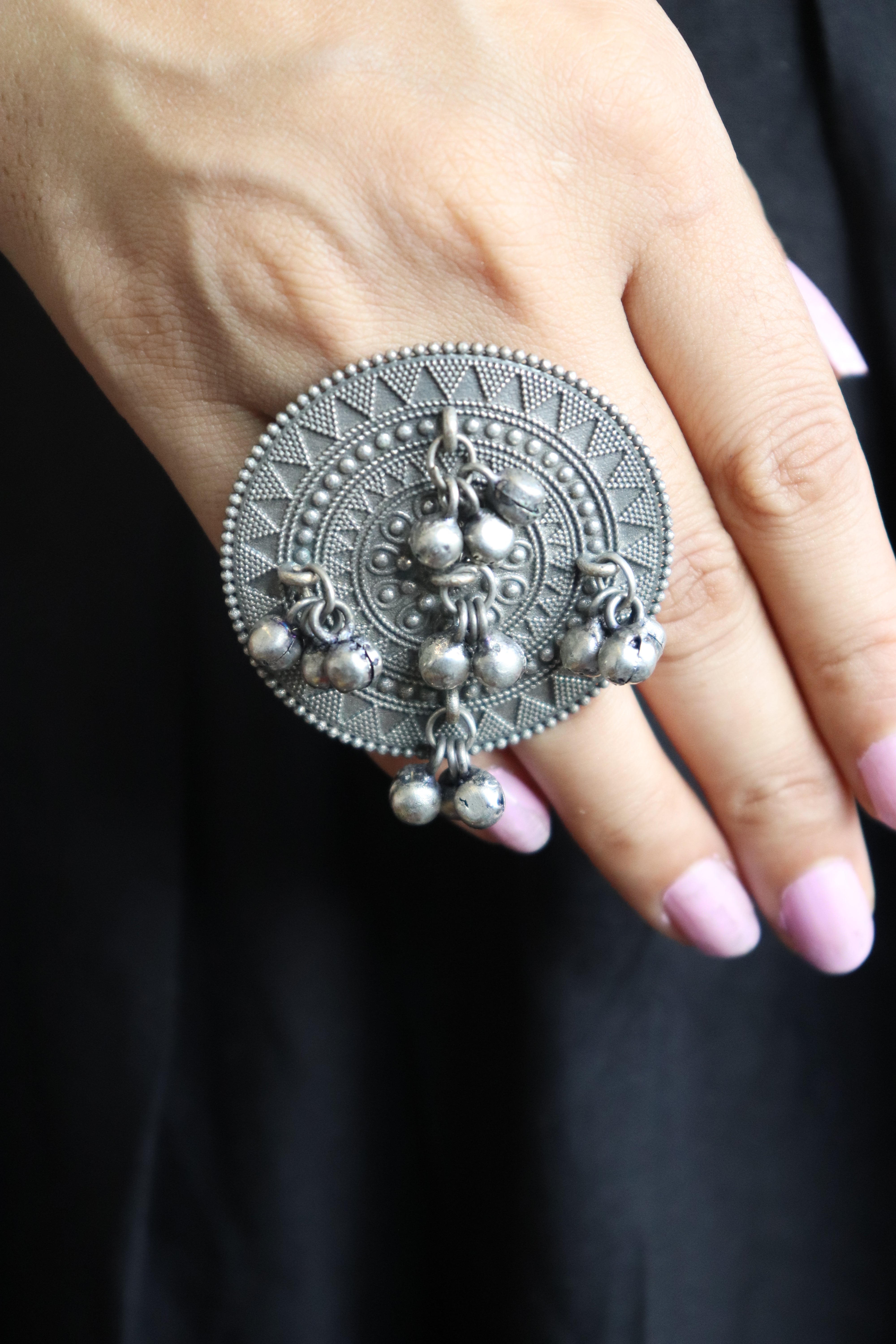 Beautiful Brass Round Oxidized Ghungroo Style Ring - Silver Rings for Women