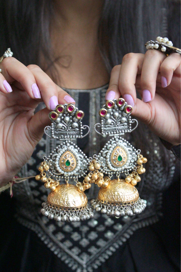 Gold and silver earrings with gemstones
