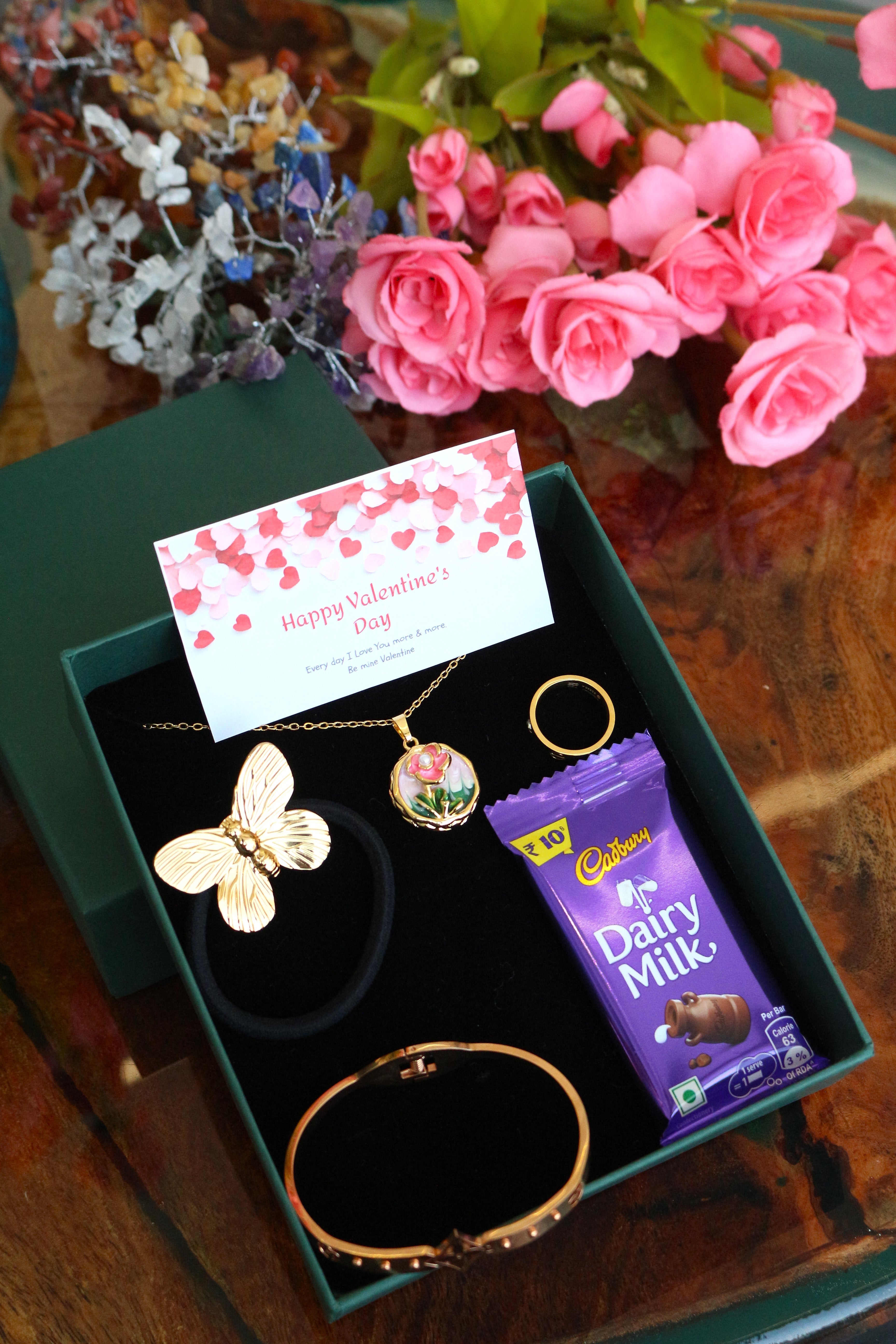 Luxury Valentine Gift Box with Butterfly Scrunches, Pinteresty Necklace, Ring, Bracelet, Chocolate & Love Card | Valentine Special Gift Set