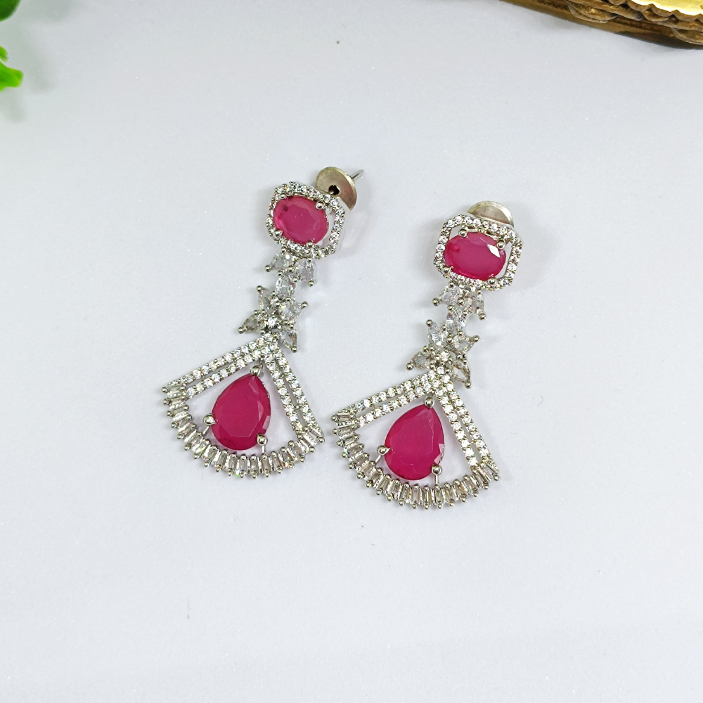 Pink Stone & White AD Diamond Dangle Earrings - Earrings Latest Design