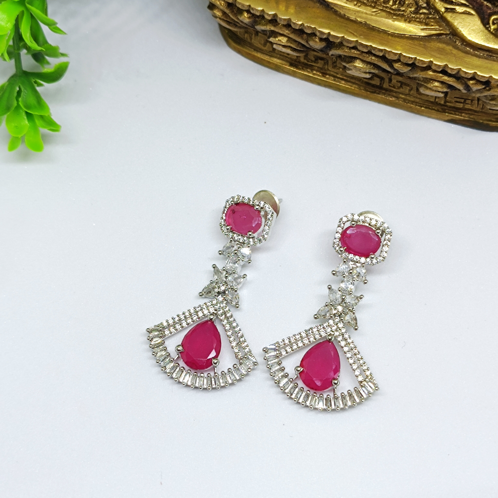 Pink Stone & White AD Diamond Dangle Earrings - Earrings Latest Design beads and metals
