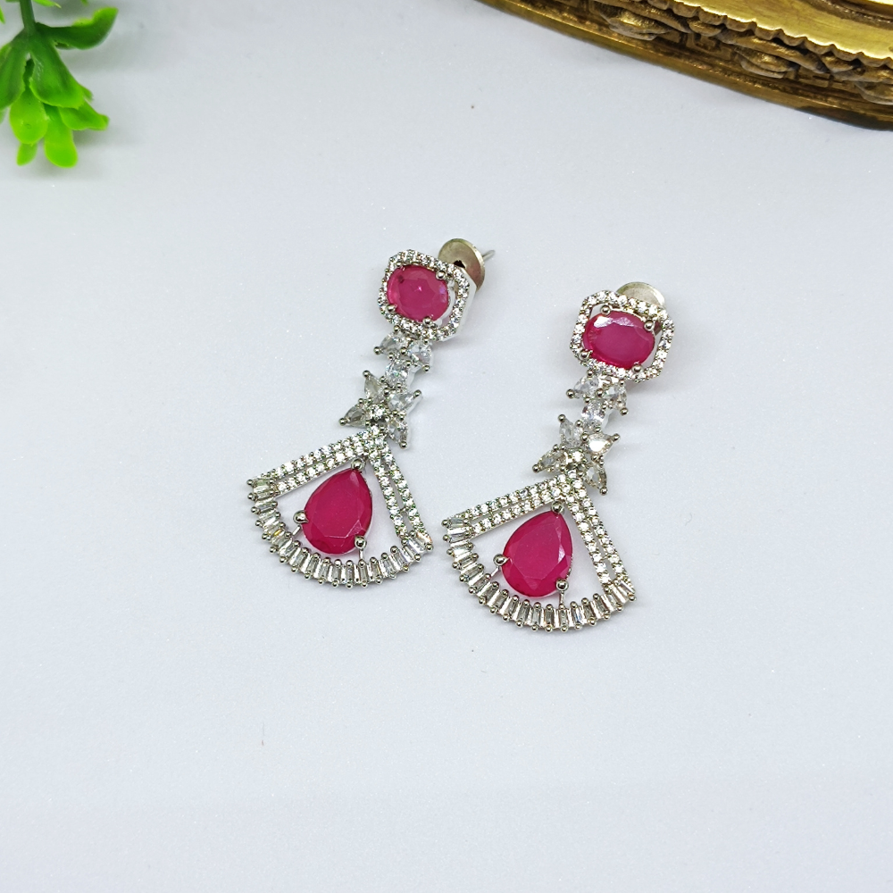 Pink Stone & White AD Diamond Dangle Earrings - Earrings Latest Design