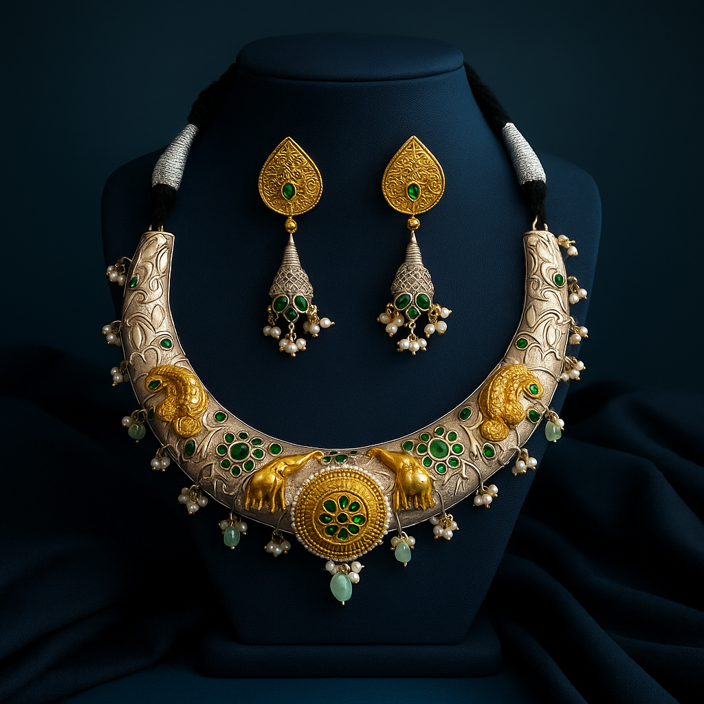 Ornate necklace and earrings set on a dark blue background