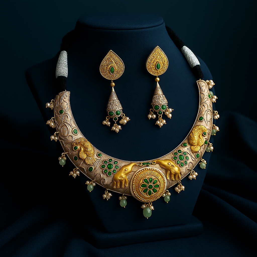 Ornate gold necklace with green gemstones and matching earrings on a dark background