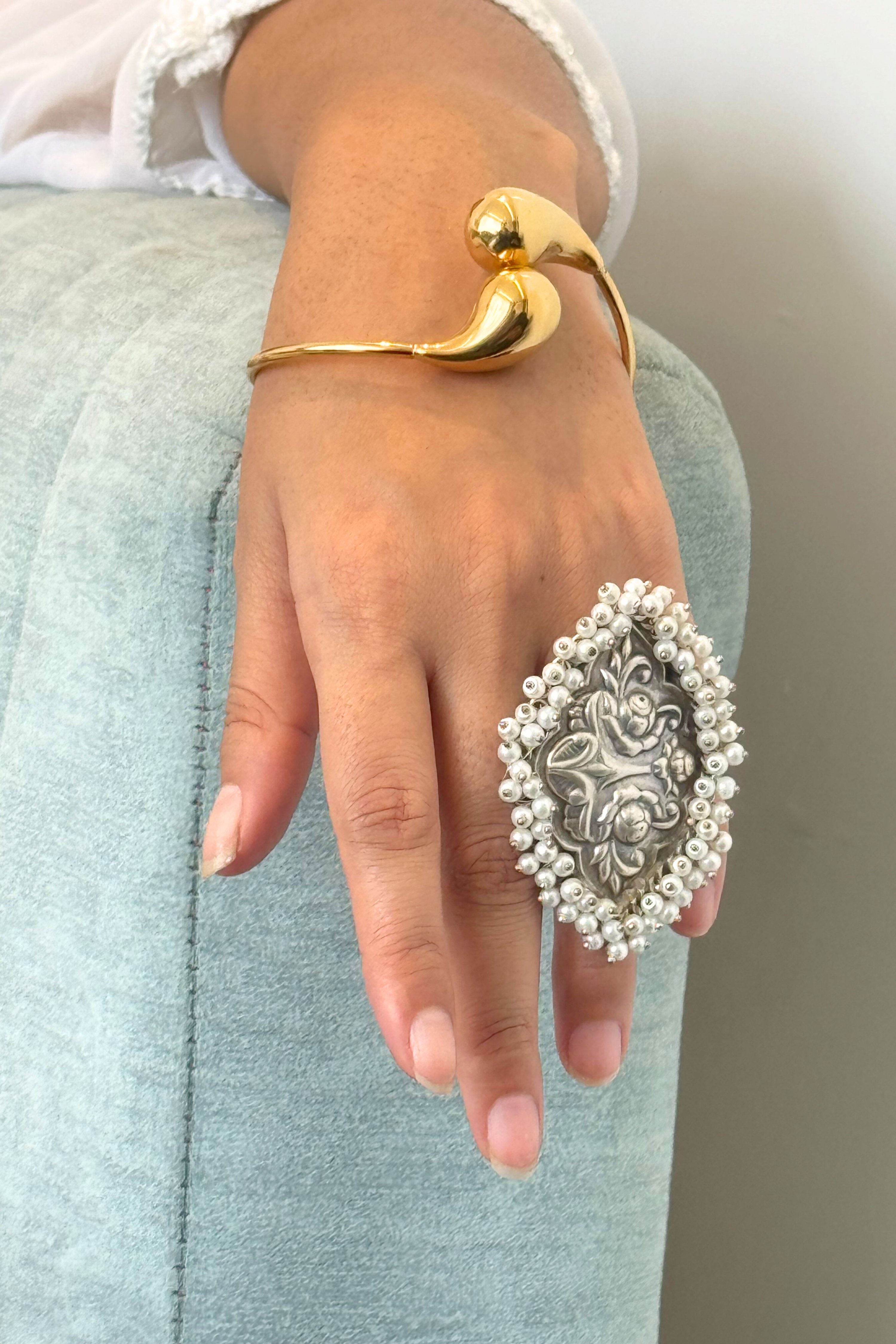 Silver Toned Statement Pearl Clustered Ring Design for Women