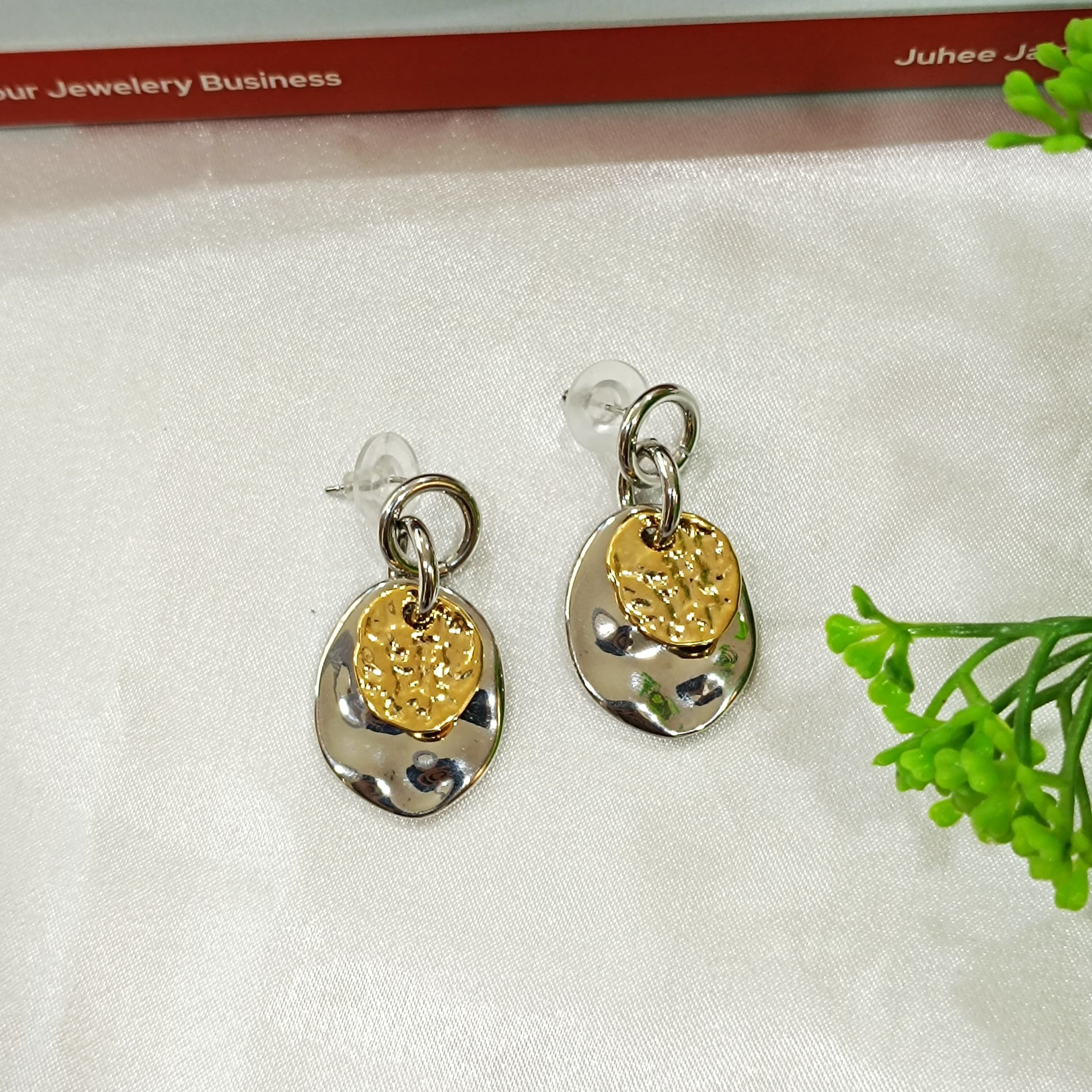 Two Toned Hammered Disc Coin Drop Earrings