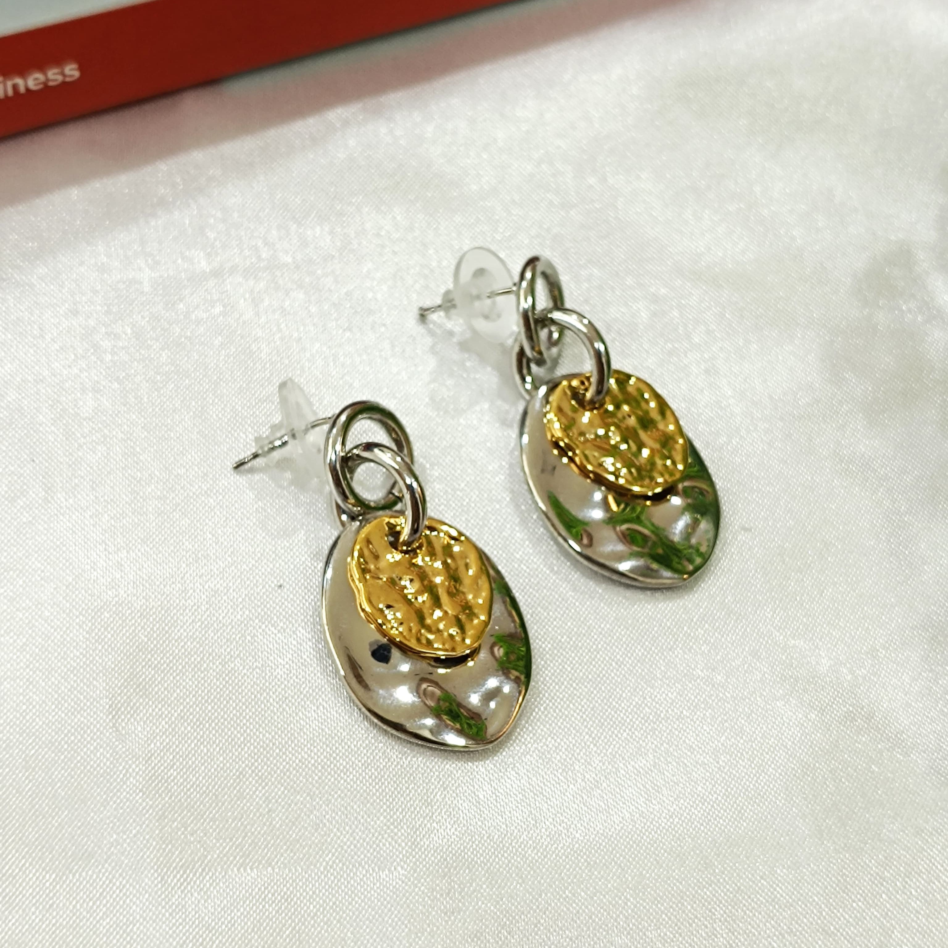 Two Toned Hammered Disc Coin Drop Earrings
