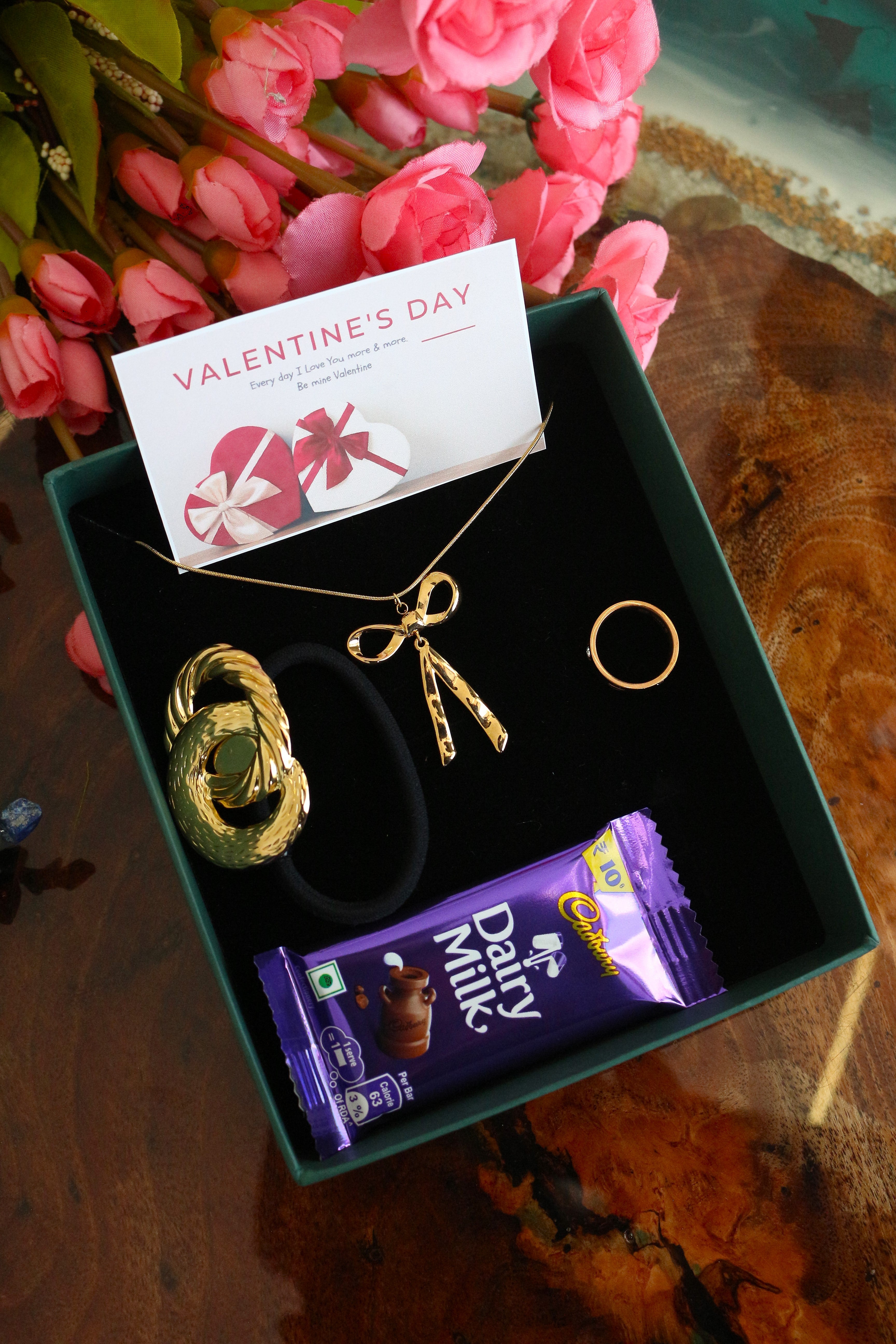 Valentine Jewellery Gift Box with Necklace, Ring, Scrunches, Chocolate & Love Card | Romantic Valentine Combo Gift