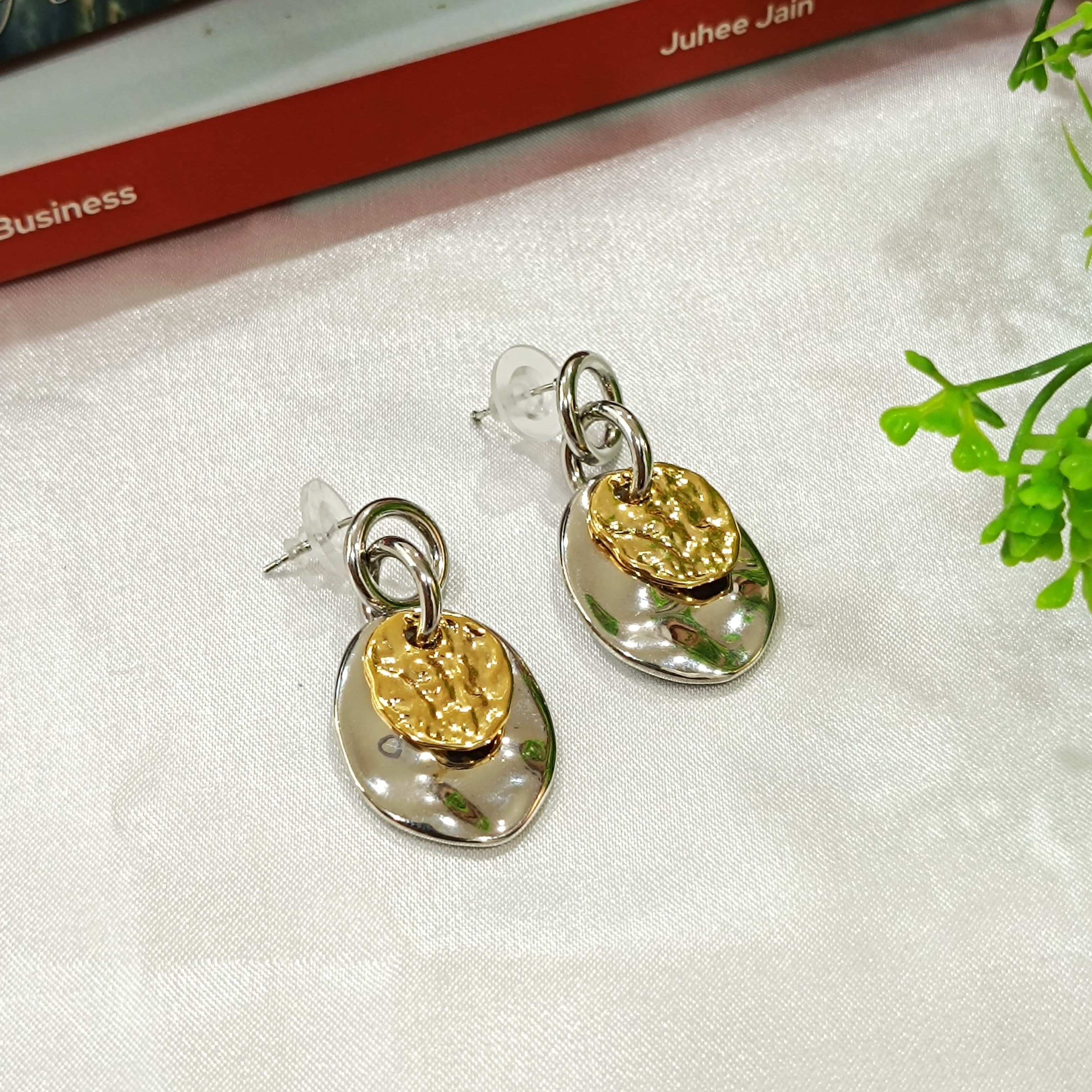 Two Toned Hammered Disc Coin Drop Earrings