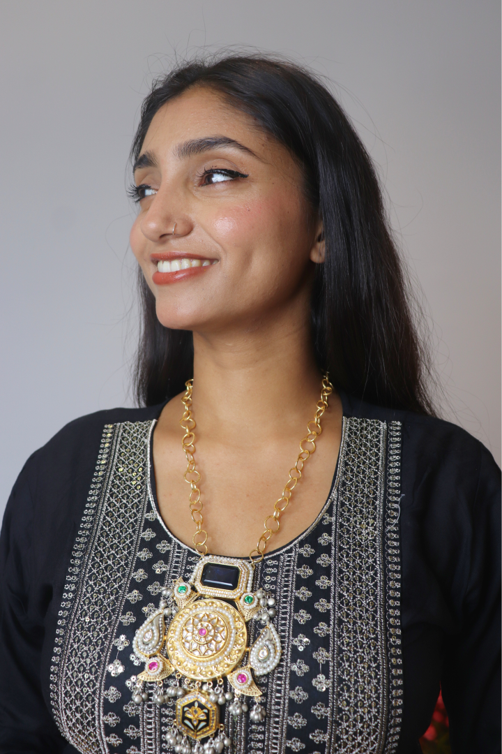 Woman wearing a decorative necklace