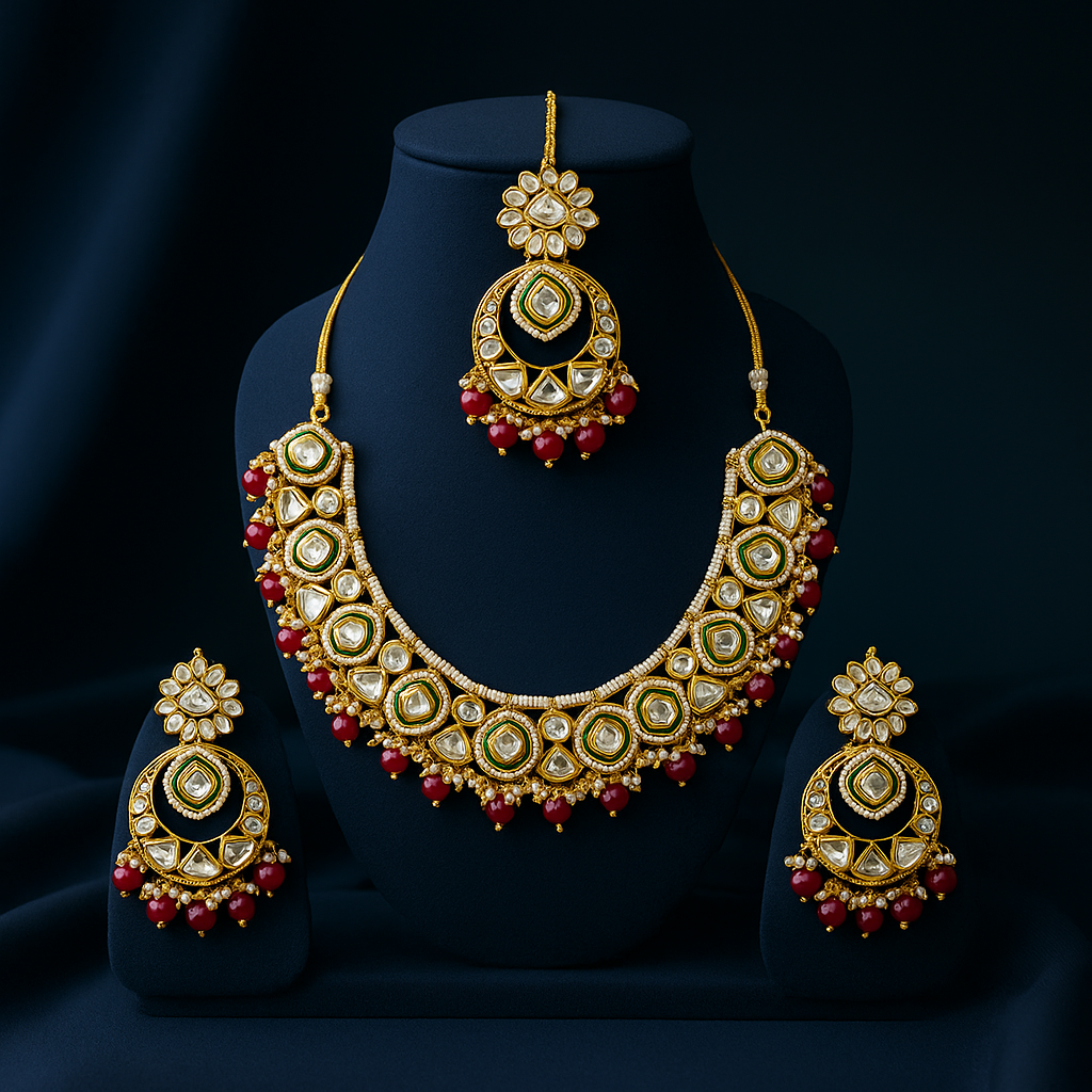 Gold necklace with red beads and matching earrings on a dark background