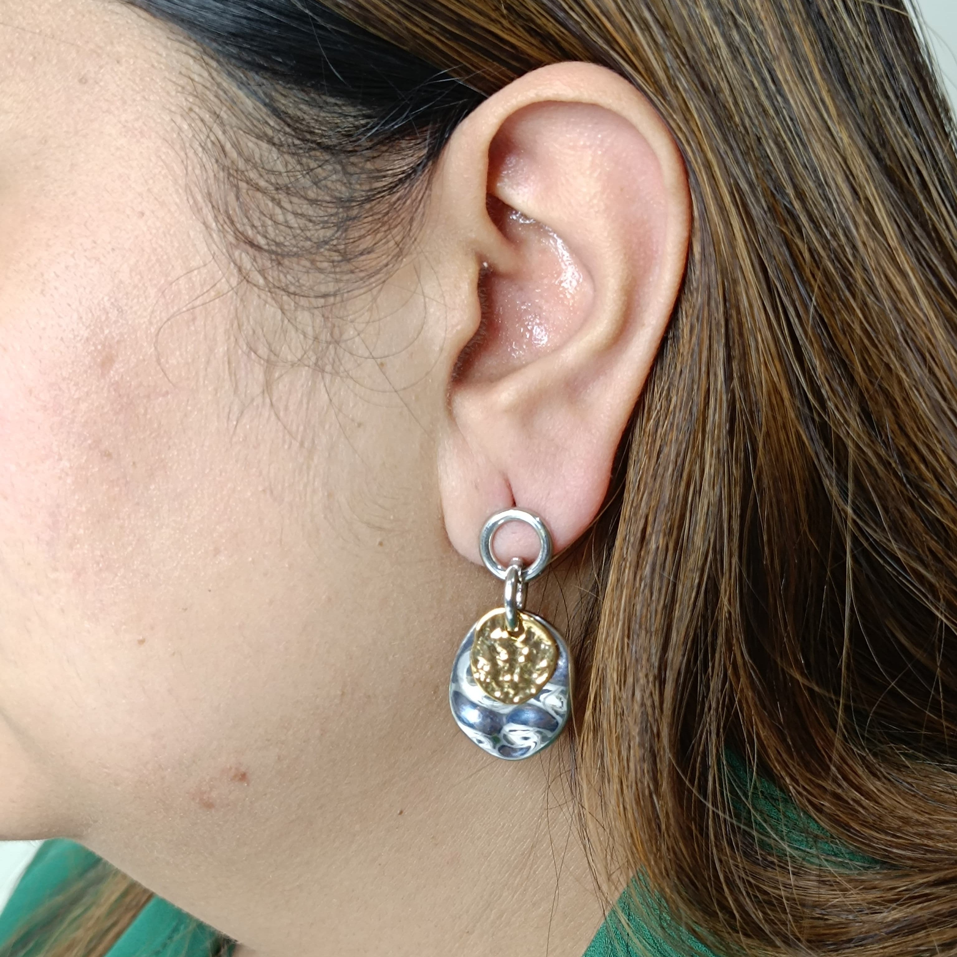 Two Toned Hammered Disc Coin Drop Earrings